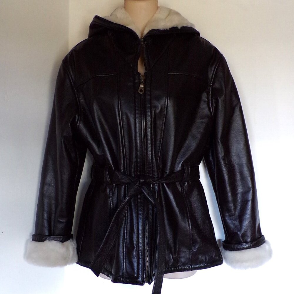 Wilsons Leather Dark Brown Belted Faux Fur Hooded Vintage Jacket